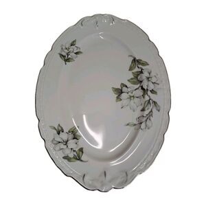 Embassy "White Rose" Silver Accent Vitrified China USA Serving Dishh 16"X11"